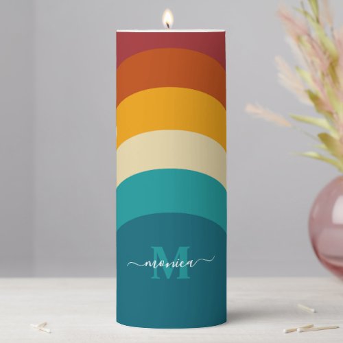 Rainbow Monogram Custom Name Retro Sunset Stripe  Pillar Candle