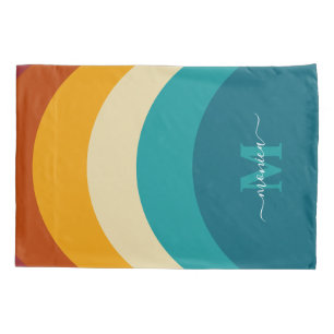 Rainbow Monogram Custom Name Retro Sunset Stripe  Pillow Case