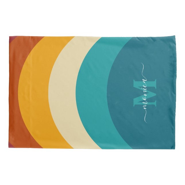Rainbow Monogram Custom Name Retro Sunset Stripe  Pillow Case (Back)