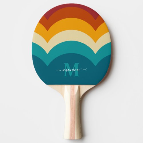 Rainbow Monogram Custom Name Retro Sunset Stripe  Ping Pong Paddle