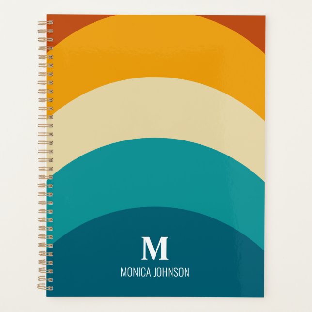 Rainbow Monogram Custom Name Retro Sunset Stripe Planner (Front)