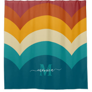Rainbow Monogram Custom Name Retro Sunset Stripe  Shower Curtain