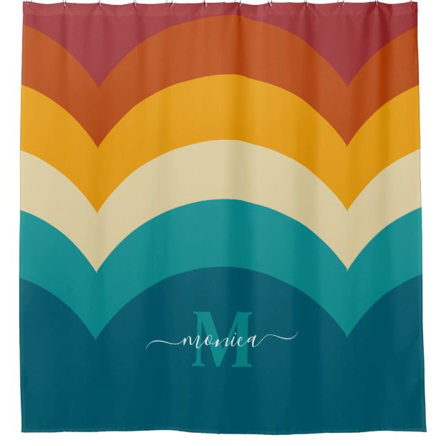 Rainbow Monogram Custom Name Retro Sunset Stripe  Shower Curtain (Front)