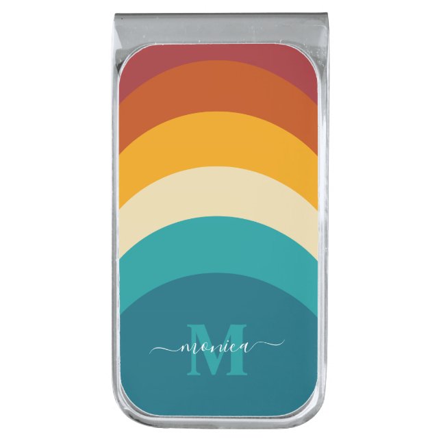 Rainbow Monogram Custom Name Retro Sunset Stripe  Silver Finish Money Clip (Front Vertical)