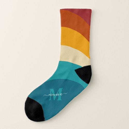 Rainbow Monogram Custom Name Retro Sunset Stripe  Socks