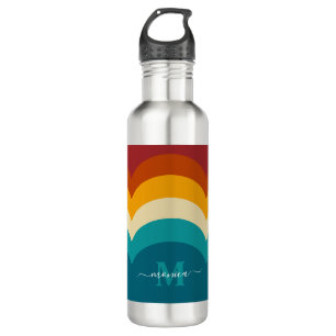 Rainbow Monogram Custom Name Retro Sunset Stripe Stainless Steel Water Bottle