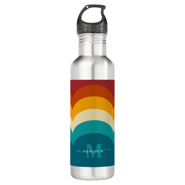 Rainbow Monogram Custom Name Retro Sunset Stripe  Stainless Steel Water Bottle (Front)