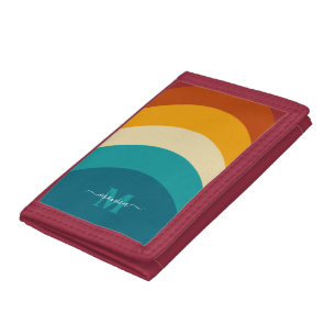Rainbow Monogram Custom Name Retro Sunset Stripe Trifold Wallet