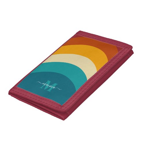 Rainbow Monogram Custom Name Retro Sunset Stripe  Trifold Wallet