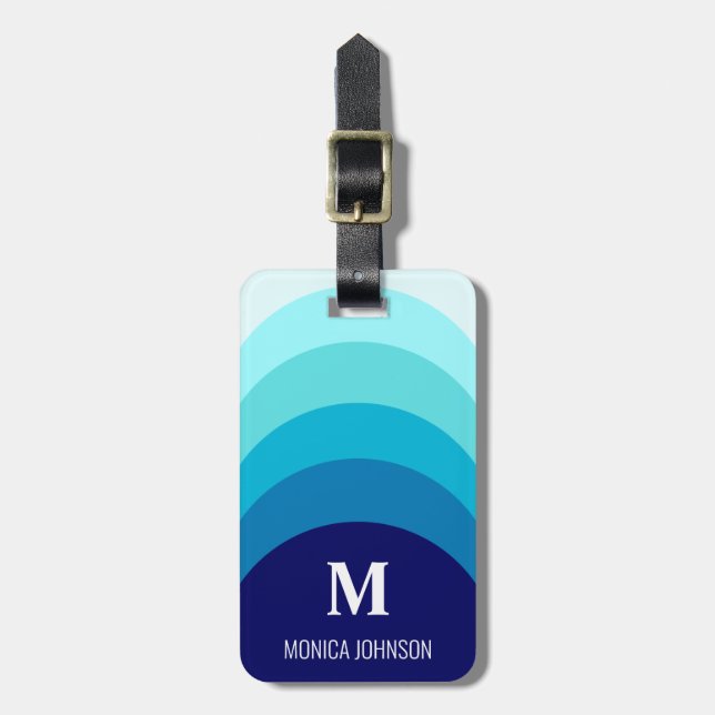 Rainbow Monogram Custom Name Stripe Blue Luggage Tag (Front Vertical)
