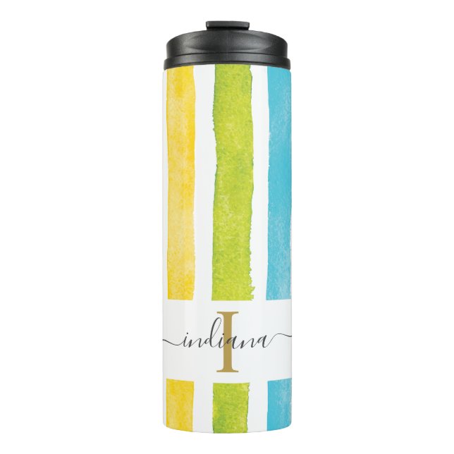 Rainbow Monogram Script Name Stripes Custom Thermal Tumbler (Front)