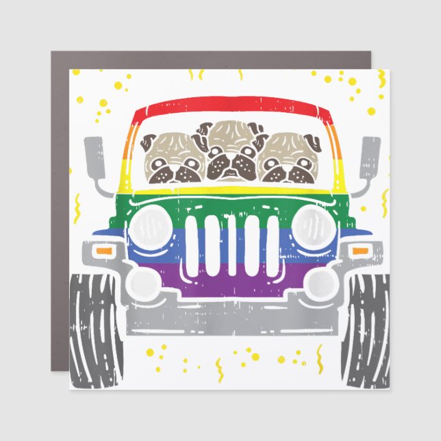 Rainbow Monster Truck Pug Dog Gay Pride LGBT Anima Car Magnet (Front)