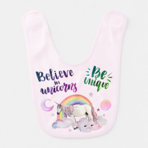 Rainbow Moon Clouds Unicorn Pink Be Unique Girly Baby Bib