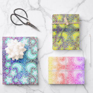 Rainbow Moon with Galaxy Glowing Stars Wrapping Paper Sheets