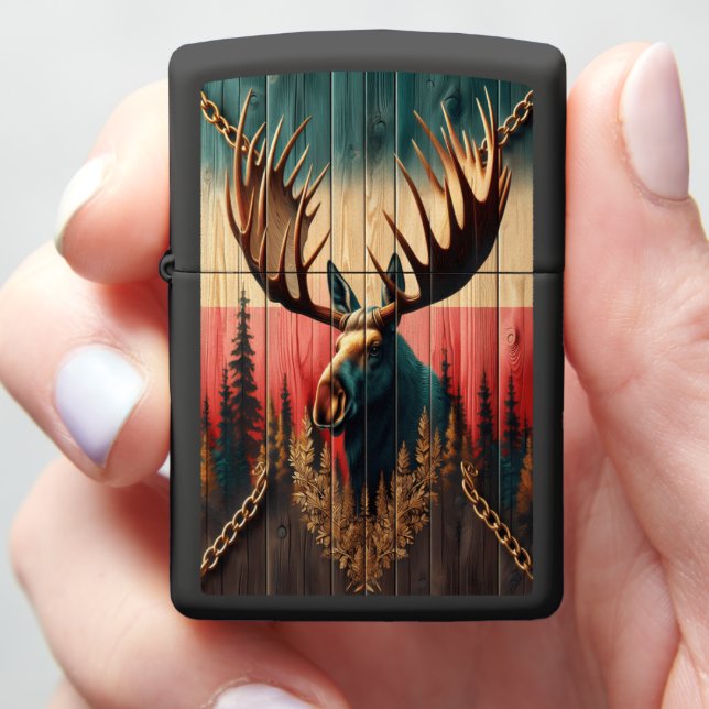 Rainbow Moose Rustic Leather Art Zippo Lighter (In Hand)