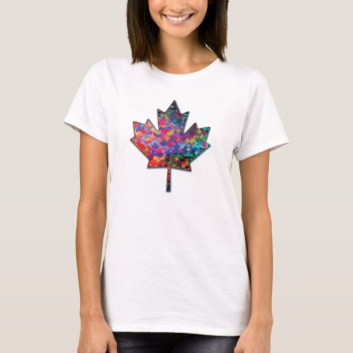 Rainbow Mosaic Canada Maple Leaf and Shadow T_Shirt