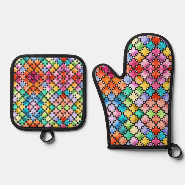 Rainbow mosaic pattern oven mitt & pot holder set (Front)