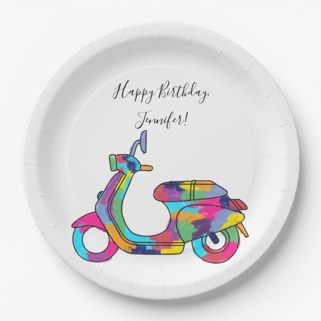 Rainbow Motor Scooter Moped Custom Message Paper Plates (Front)