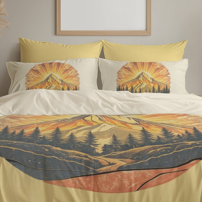 Rainbow Mountain Peak | Retro Mountains Sunrise  Pillow Case (Creator Uploaded)