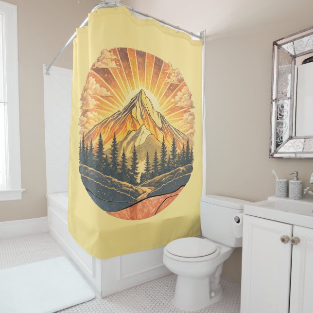 Rainbow Mountain Peak | Retro Mountains Sunrise  Shower Curtain (In Situ)