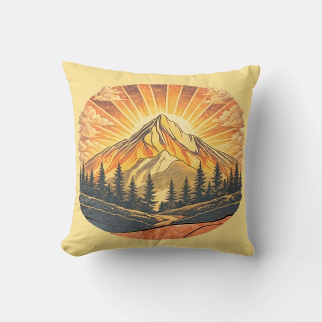 Rainbow Mountain Peak | Retro Mountains Sunrise  Throw Pillow (Front)