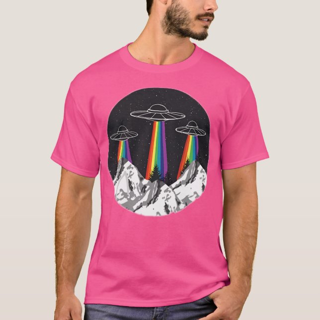 Rainbow Mountains Aliens Spaceship T-Shirt (Front)