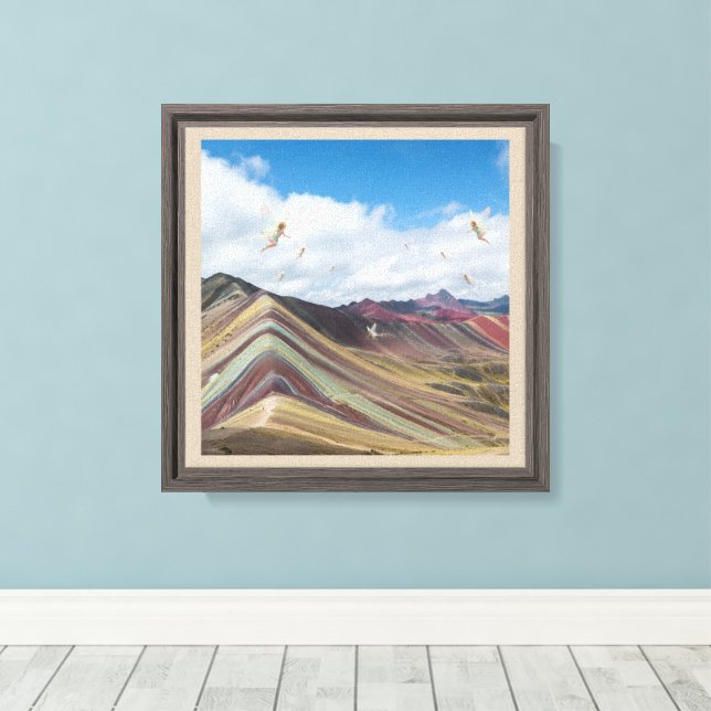 Rainbow Mountains with Fairies & Clouds | Whimsica Canvas Print (Insitu(Wood Floor))