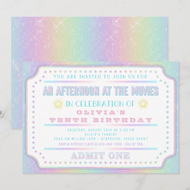 Rainbow Movie Ticket Birthday Party Invitation (Front/Back)
