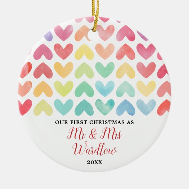 Rainbow Mr & Mrs or Gay Personalized Couple Ceramic Ornament (Front)