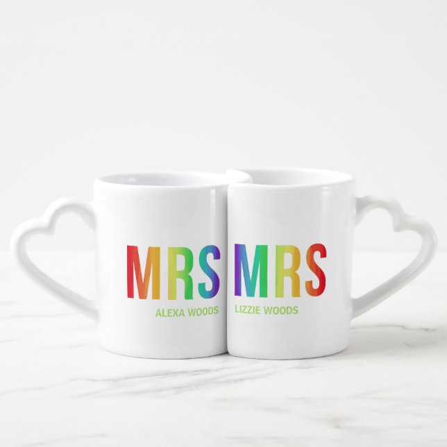 Rainbow Mrs & Mrs | Custom Names Coffee Mug Set (Front Nesting)