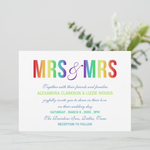 Rainbow Mrs And Mrs Lesbian Wedding Invitation Zazzle 5479
