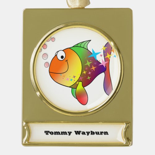 Rainbow multi color pacific ocean tuna fish gold plated banner ornament