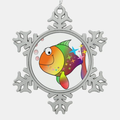 Rainbow multi color pacific ocean tuna fish snowflake pewter christmas ornament