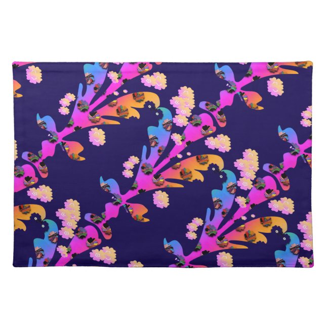 Rainbow Multi Floral Dk Blue   Cloth Placemat (Front)
