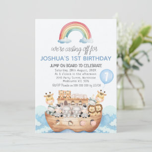 Rainbow Multicolored Noah's Ark Boys 1st Birthday Invitation