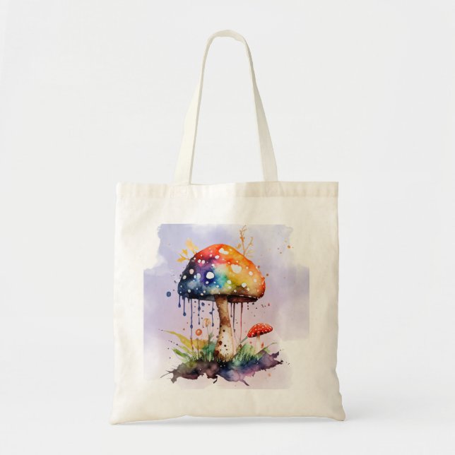Rainbow Mushroom Tote Bag – Whimsical Watercolor  (Front)