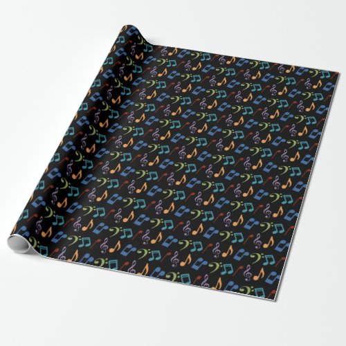 Rainbow Music Notes Black Background Wrapping Paper