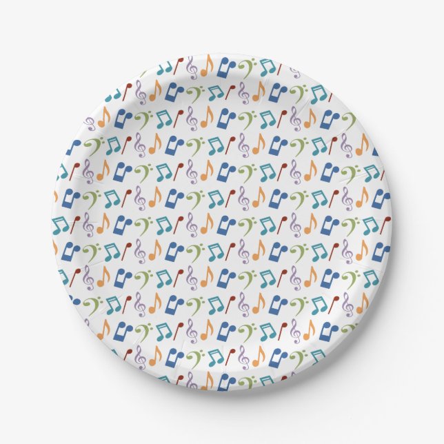 Rainbow Music Notes (White) Party Paper Plates (Front)