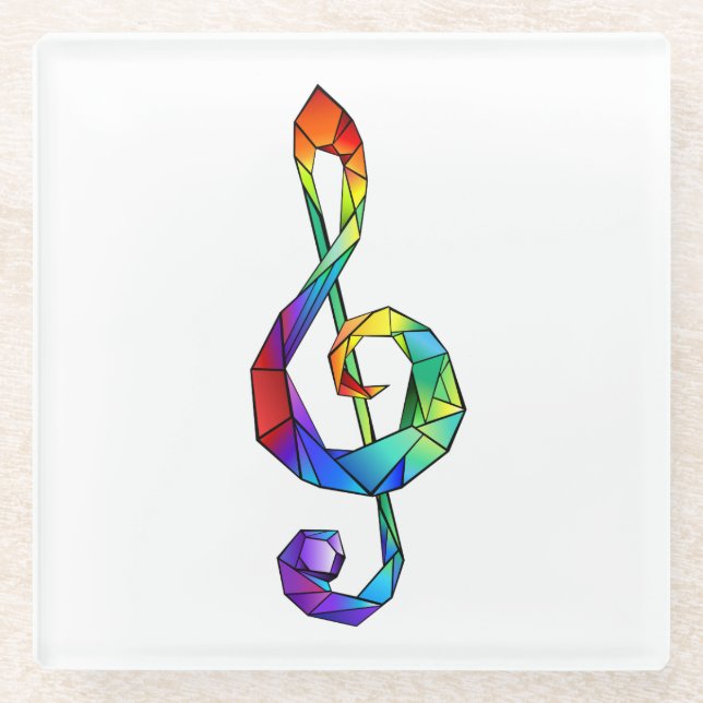 Rainbow musical key treble clef glass coaster (Front)