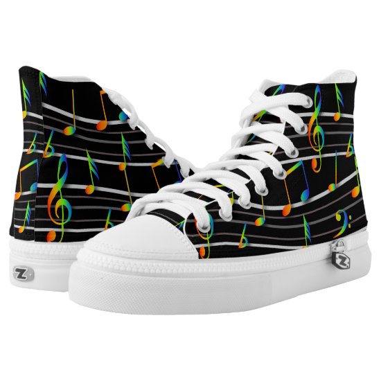 Rainbow Musical Notes Score on Black High-Top Sneakers