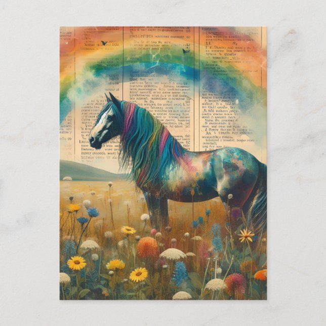 Rainbow Mustang Vintage Dictonary Page Collage Postcard (Front)