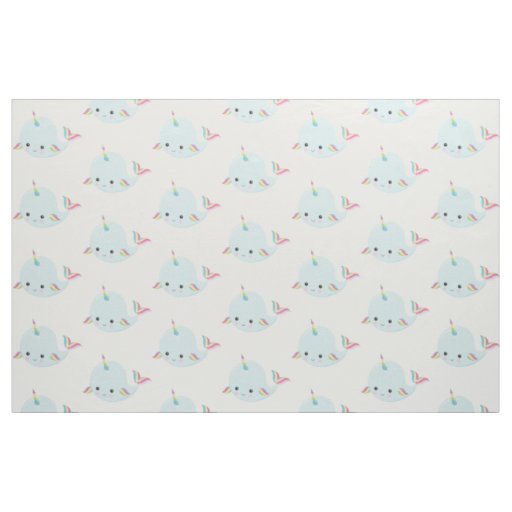 Rainbow Narwhal Kawaii Pattern in Pastel Blue Fabric