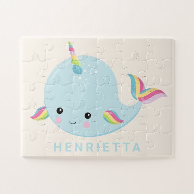 Rainbow Narwhal Kawaii Pattern Pastel Blue Name Jigsaw Puzzle (Horizontal)