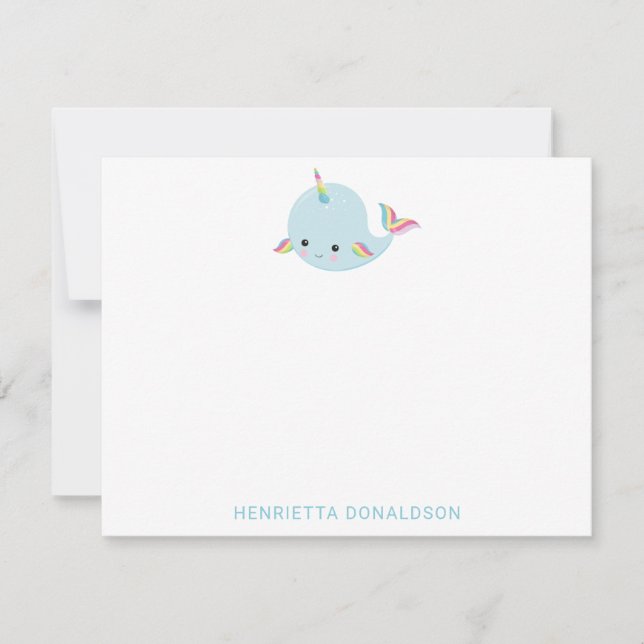 Rainbow Narwhal Kawaii Pattern Pastel Blue Name Note Card (Front)