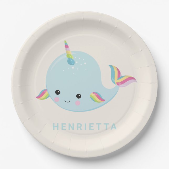 Rainbow Narwhal Kawaii Pattern Pastel Blue Name Paper Plates (Front)