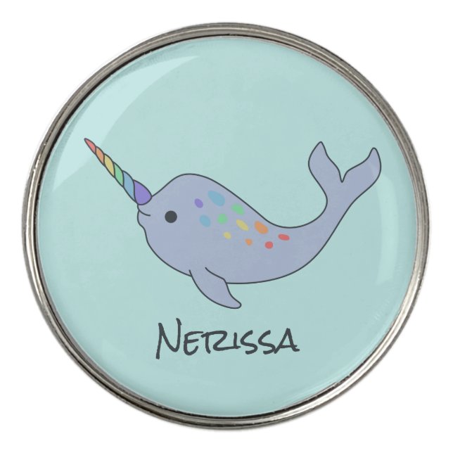 Rainbow Narwhal Name Golf Ball Marker (Front)