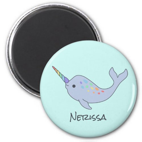 Rainbow Narwhal Name Round Magnet
