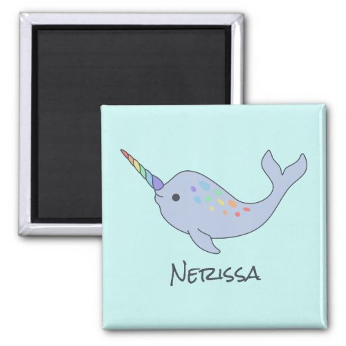 Rainbow Narwhal Name Square Magnet