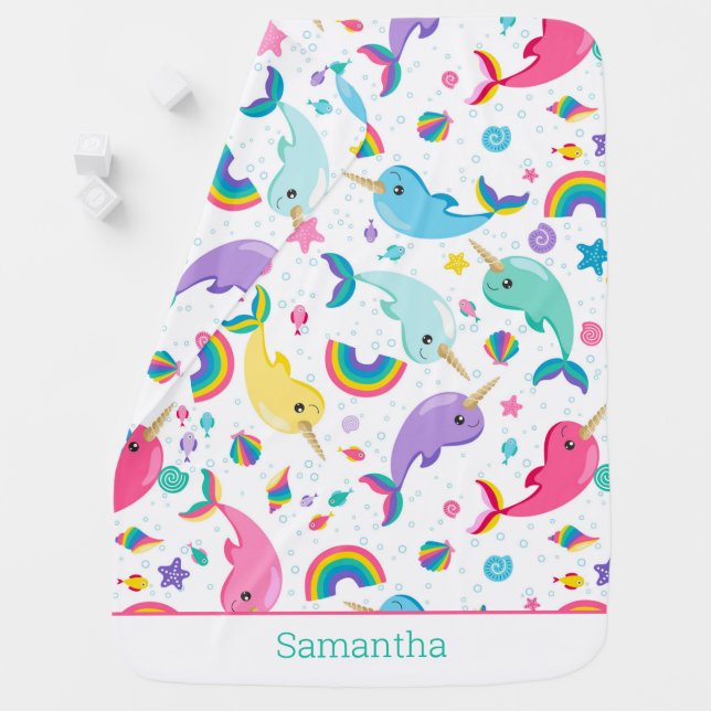 Rainbow Narwhal Under The Sea Girls Personalized Baby Blanket (In Situ)