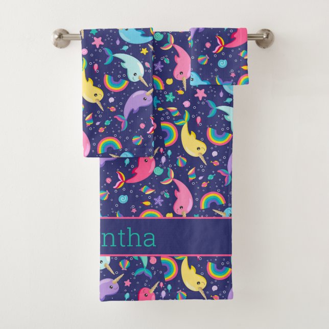 Rainbow Narwhal Under The Sea Girls Personalized Bath Towel Set (Insitu)